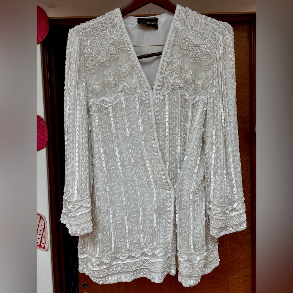 Vintage White Beaded Womens Top Cardigan Jacket